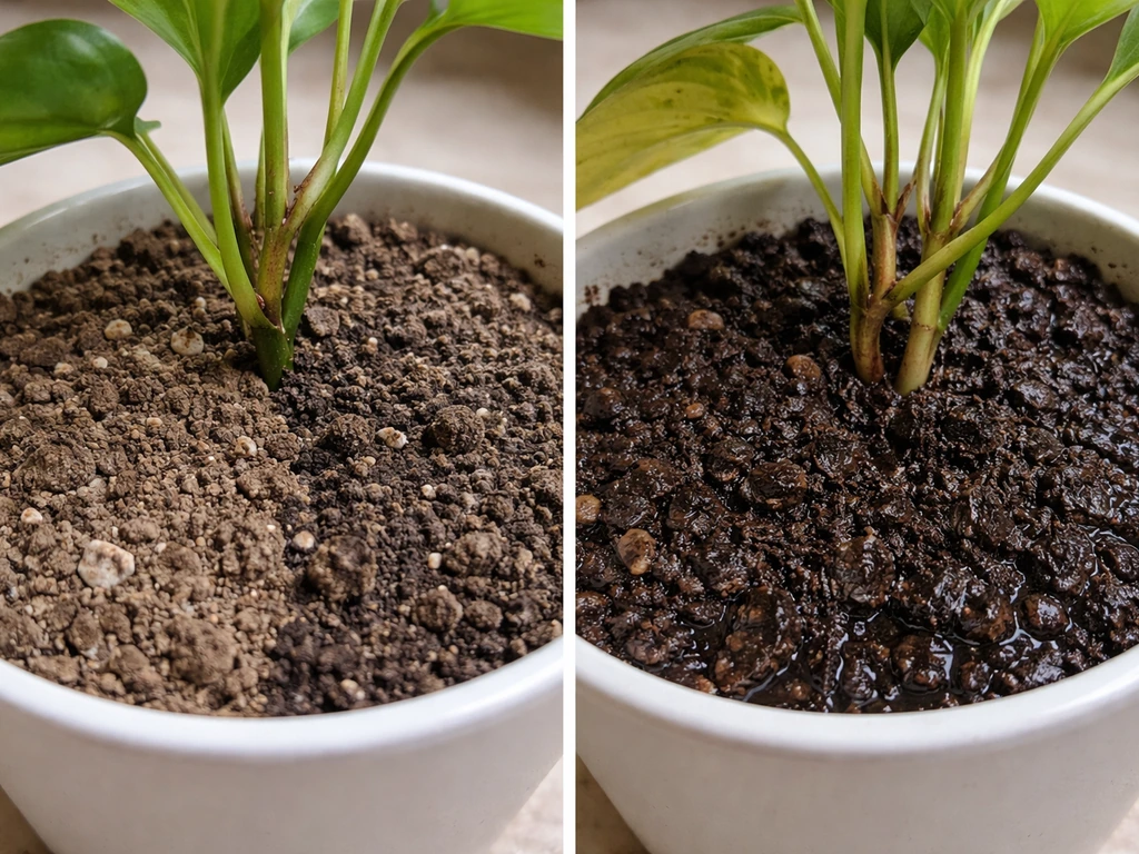 Close-up of a potted plant with slightly dry soil on one side and wet overwatered soil on the other, limp leaves.