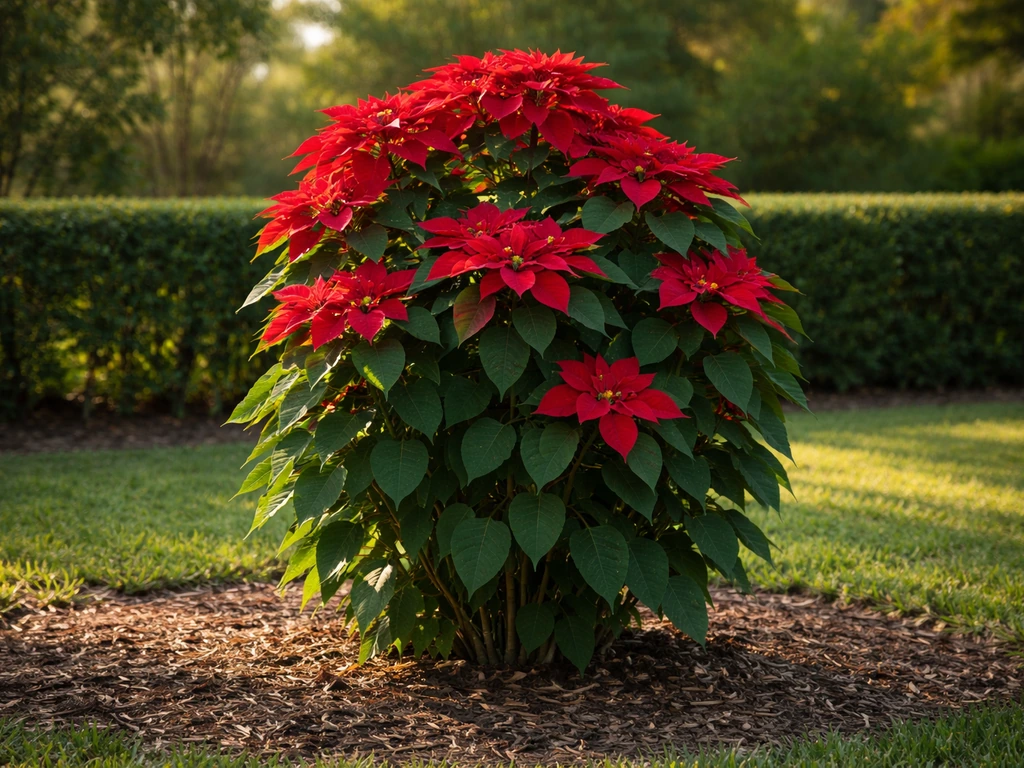 Lush poinsettia with tall healthy red bracts growing outdoors in a sunny Florida garden