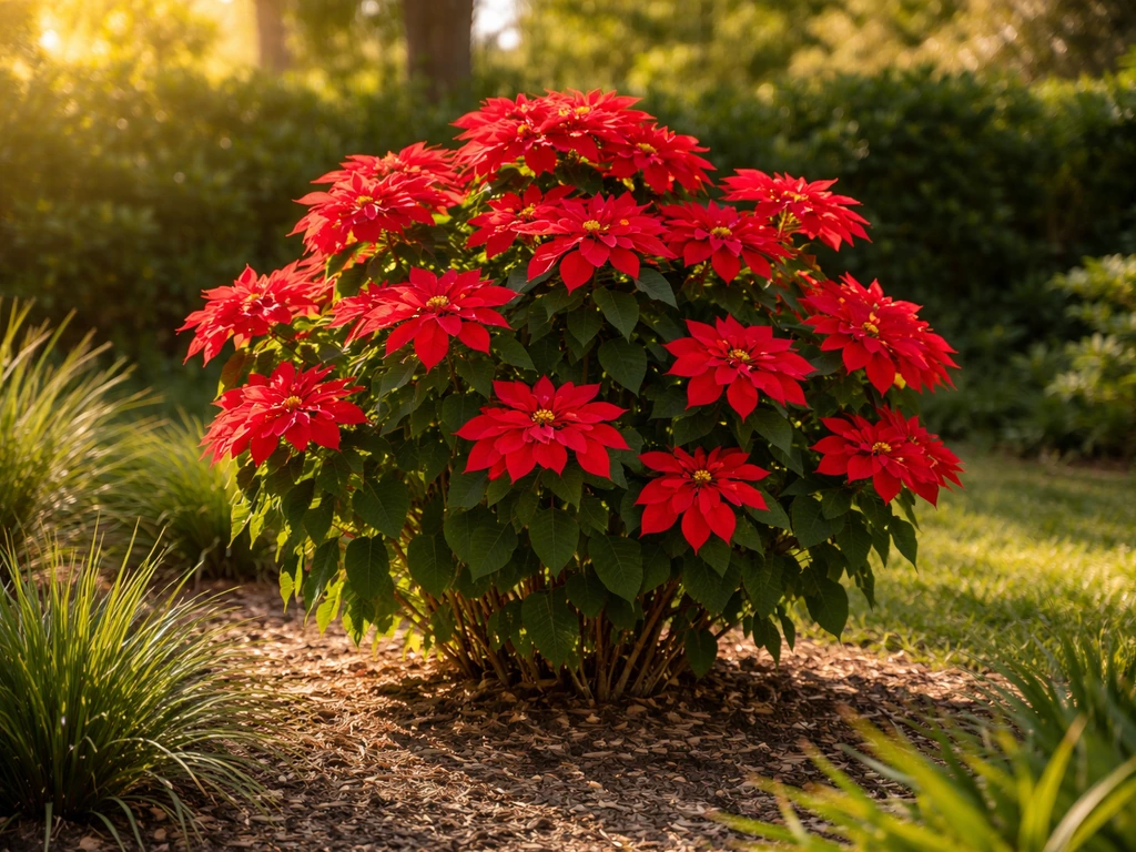 Healthy red poinsettias thriving in a sunny Florida garden with pruning-focused growth shape