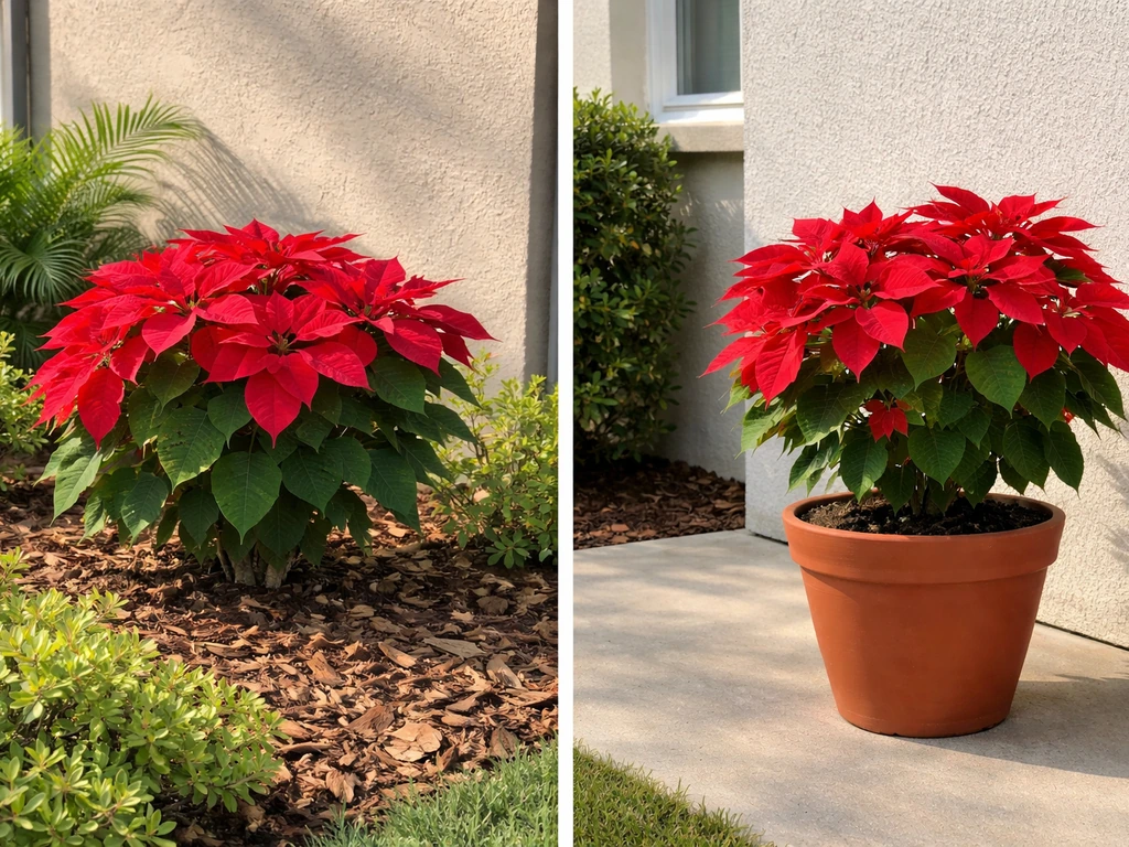 Left poinsettia in landscape soil, right poinsettia in a patio pot in a simple Florida outdoor setting.