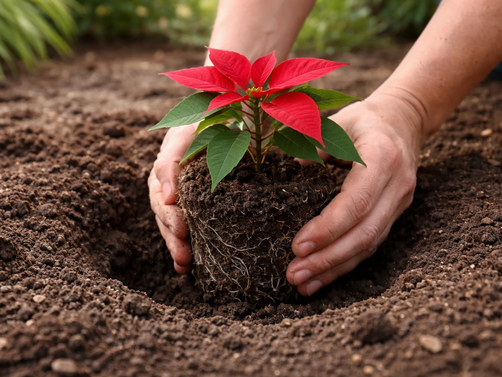 Close-up of a poinsettia root ball being placed in well-drained amended soil in a garden bed.