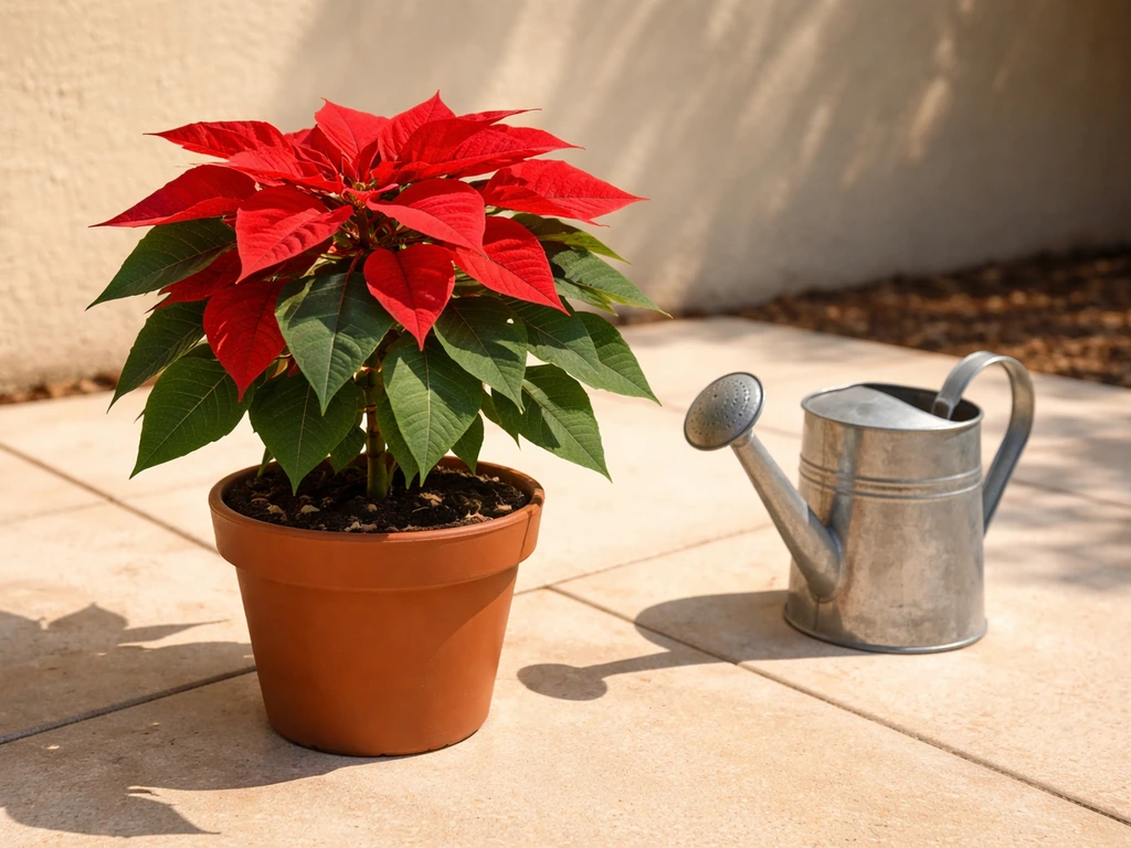 Potted poinsettia in bright Florida-like sun with a watering can beside it