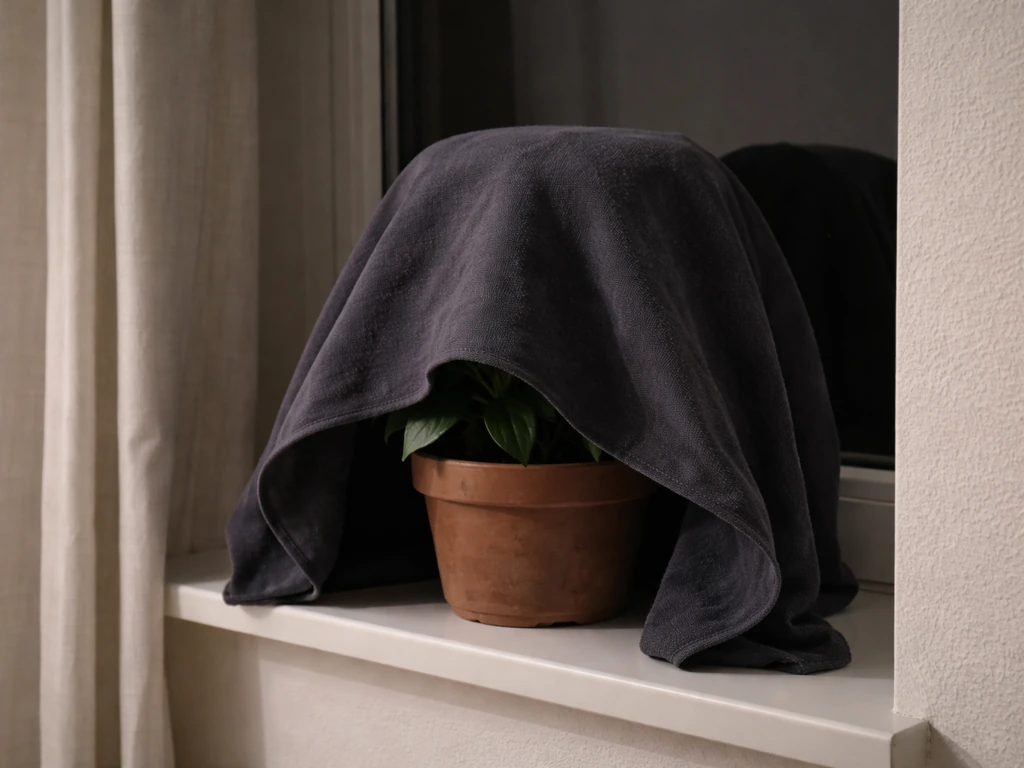 Poinsettia on a windowsill covered during dark hours to prevent porch light interruptions