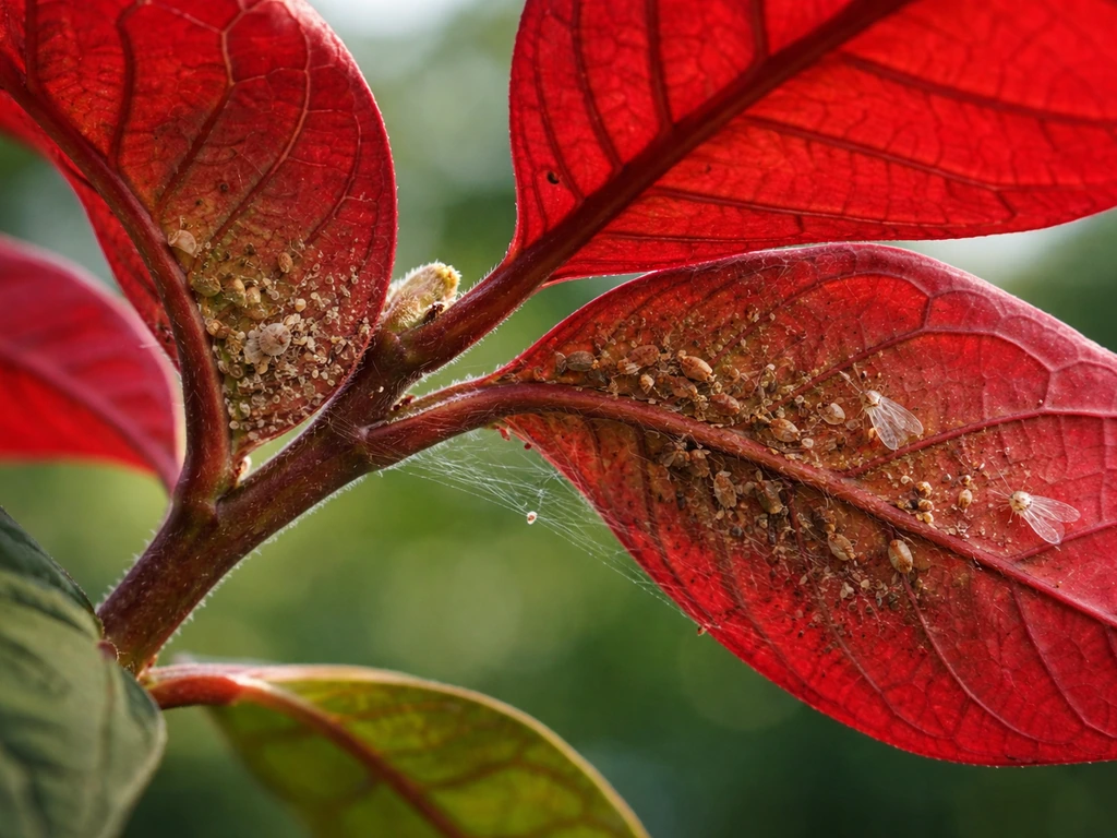Close-up of poinsettia leaf undersides with small pests and subtle webbing, photographed in natural light