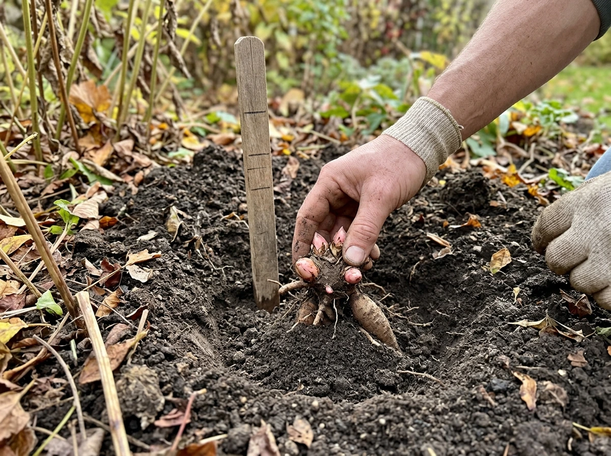 Bare-root Chinese peony eyes set at correct planting depth in fall soil