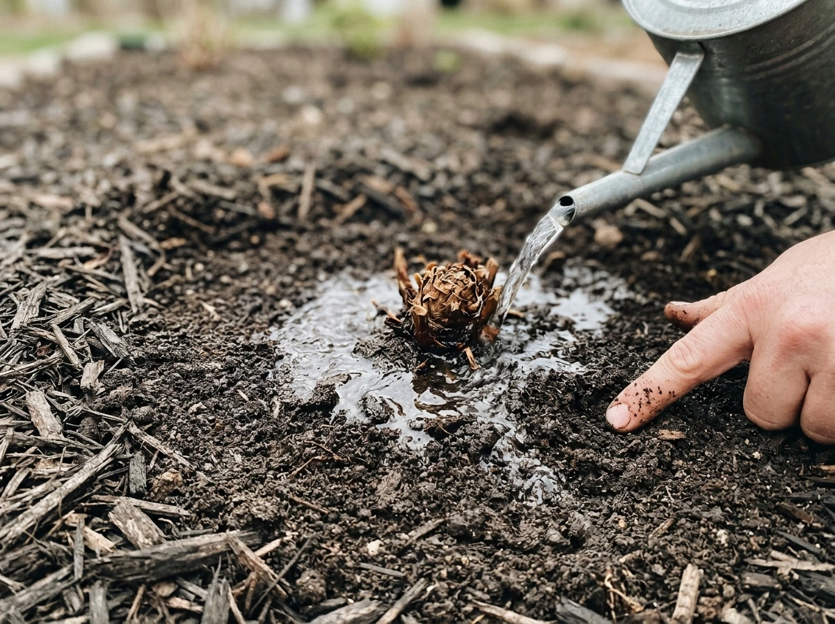 Watering Chinese peony at soil level while keeping crown dry