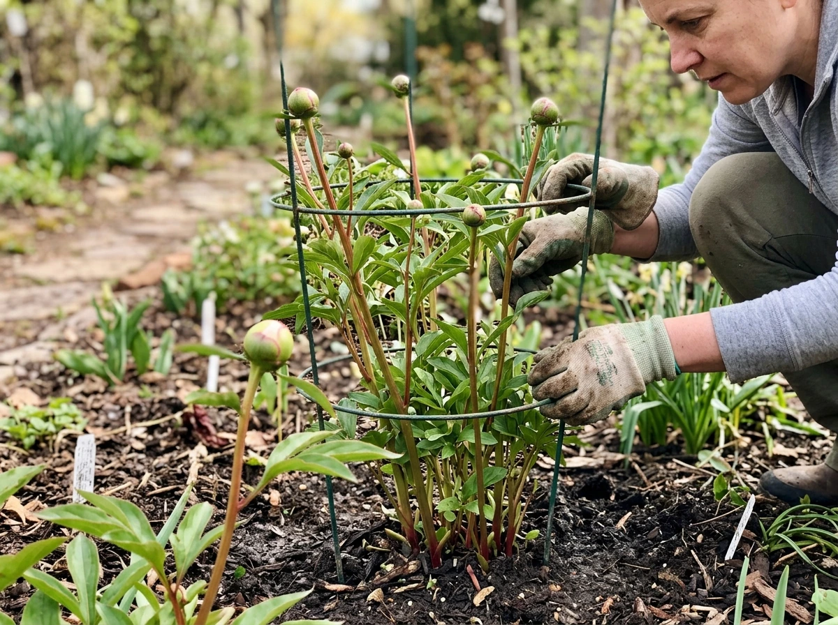Garden stakes or cage supporting peony stems as buds form in spring