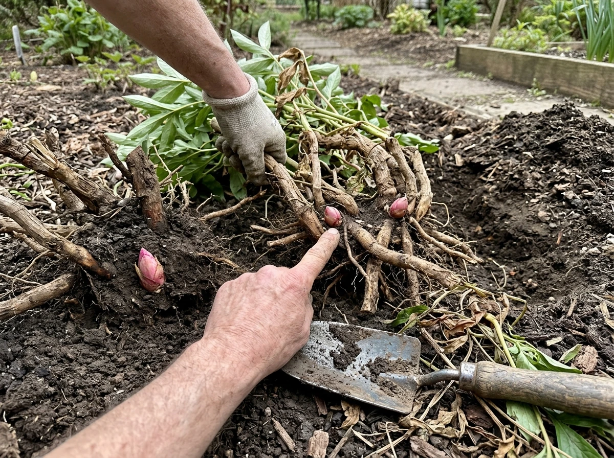 Peony eyes planted too deep shown during troubleshooting for bloom failure