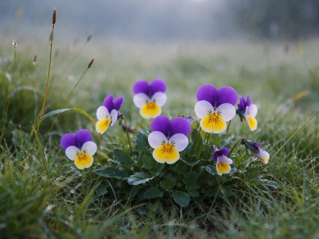 Close-up of pansies thriving in a cool temperate meadow with soft morning light and green grass