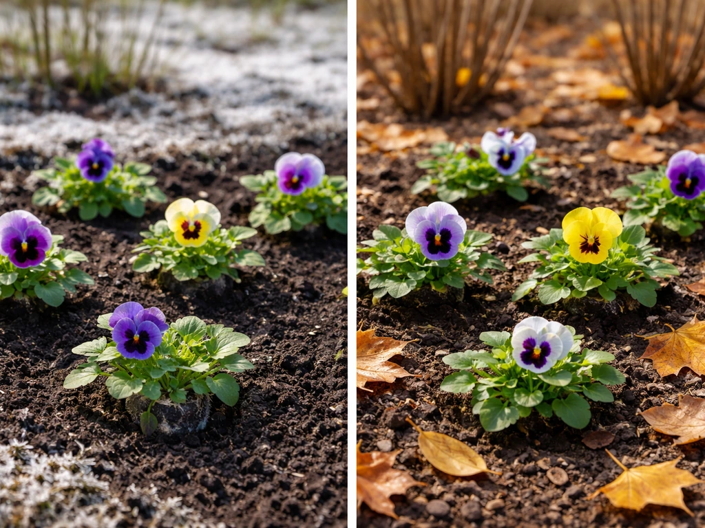 Two simple garden beds showing spring pansy transplants after frost and fall pansies set before frost