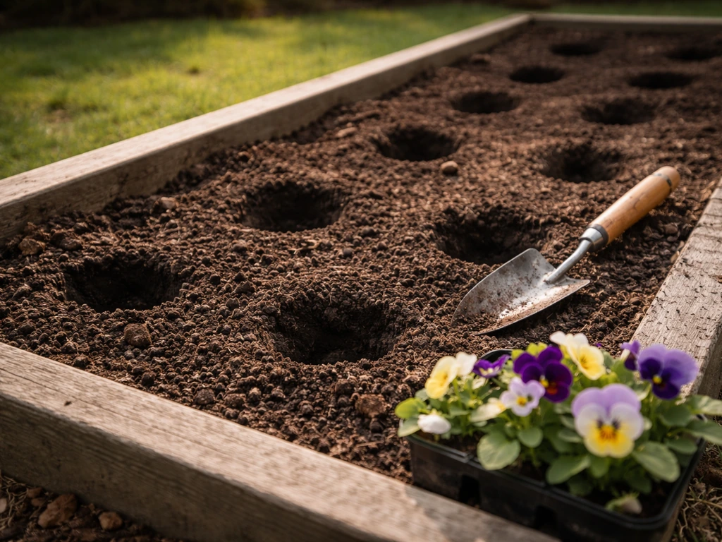 Close view of amended soil in an in-ground bed with spaced planting holes and pansies ready