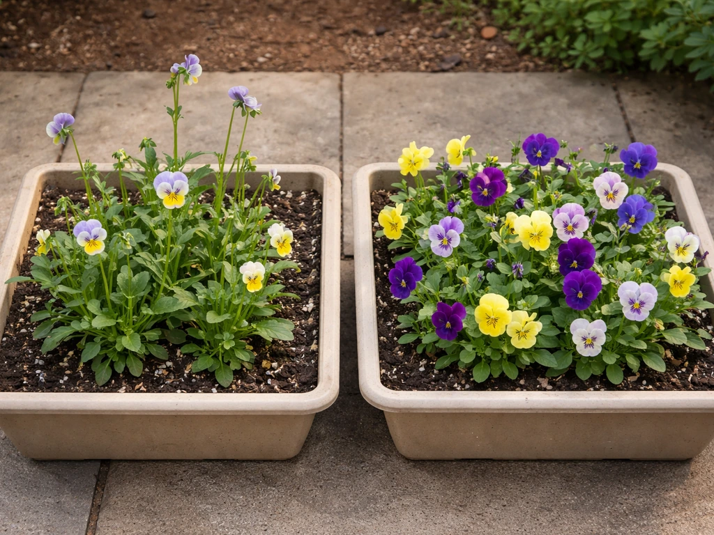 Side-by-side planters: leggy pansies with few blooms in poor light versus fuller blooms in better light.