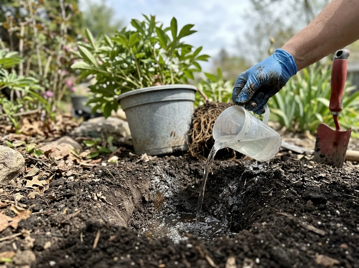 Soil drainage test with water soaking in and draining from a planting hole.