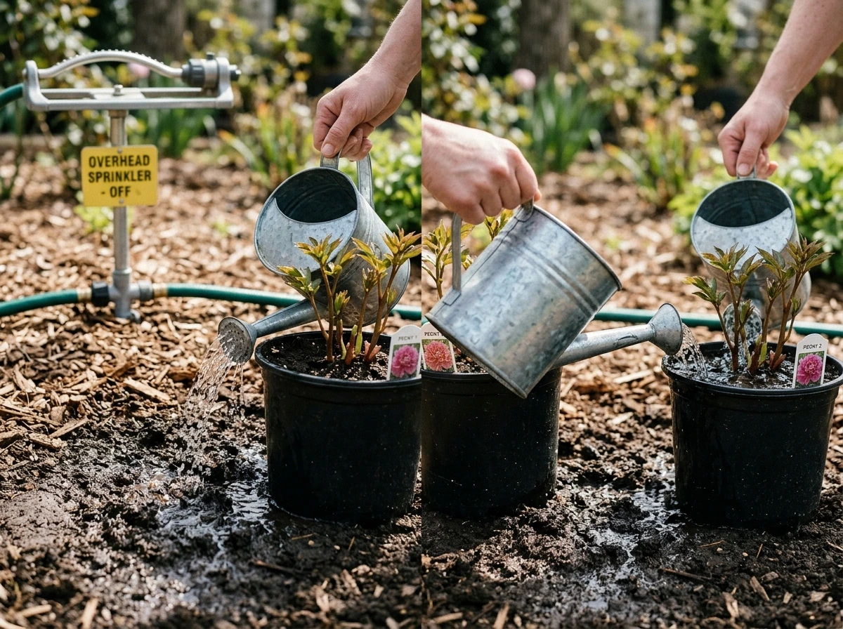 Soil-level watering at the peony drip line instead of overhead irrigation.