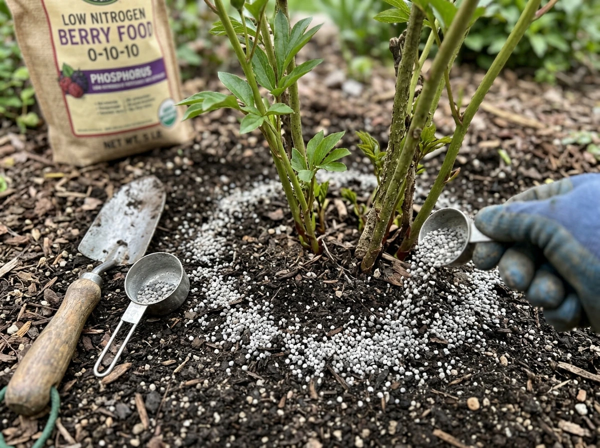 Measuring and applying a small amount of low-nitrogen fertilizer around peonies.