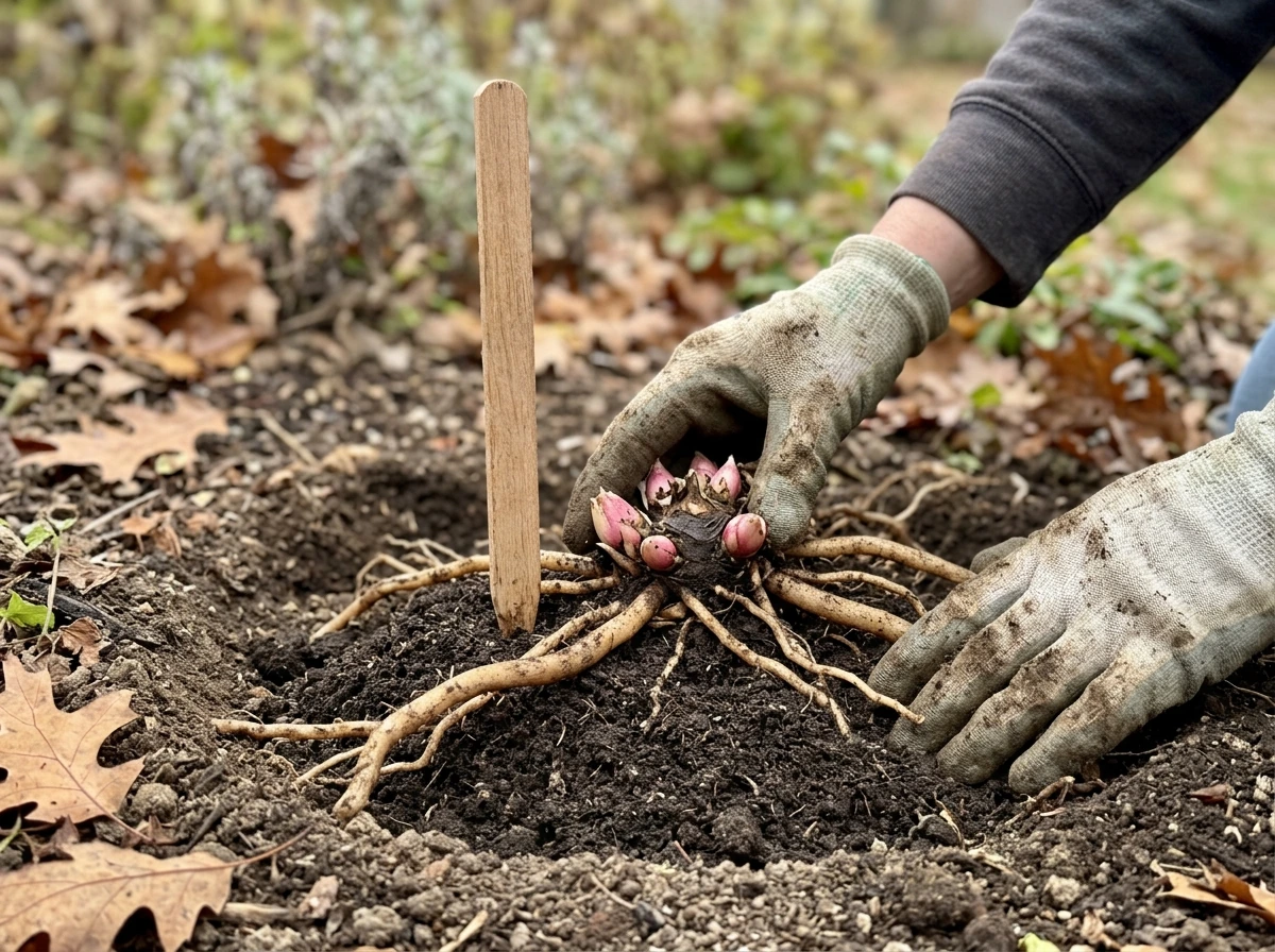 Planting bare-root peony with eyes placed at the correct depth.