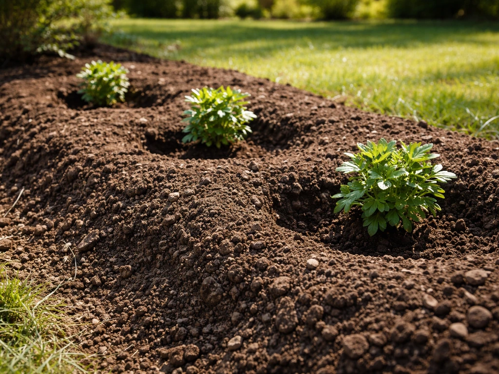 Close-up of well-prepped soil bed for mums with raised amended soil and spaced plants in full sun