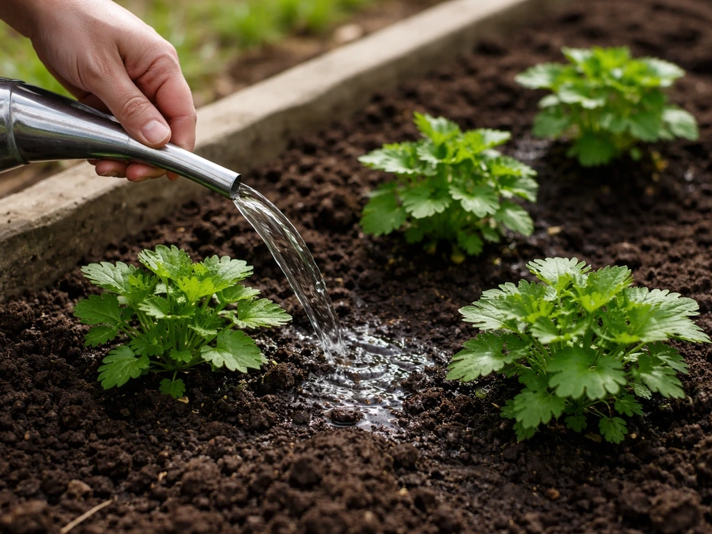Hand watering newly planted green seedlings at soil level in a small garden bed, after transplanting