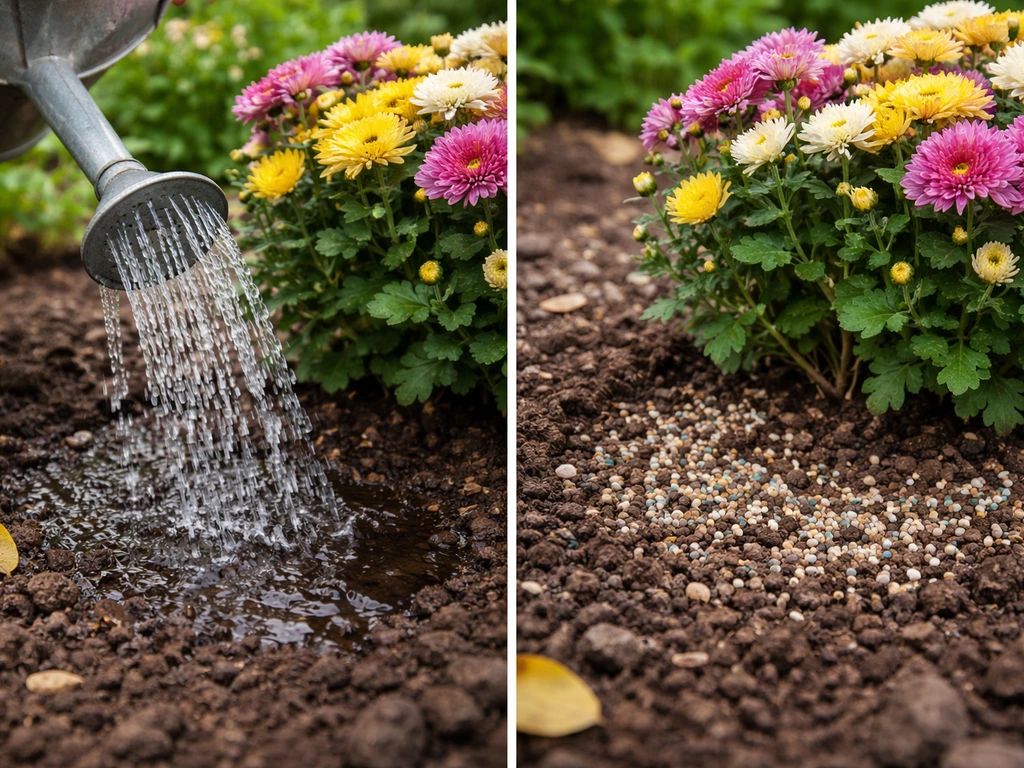 Close-up of a watering can soaking soil and granular fertilizer applied around the base of outdoor mums
