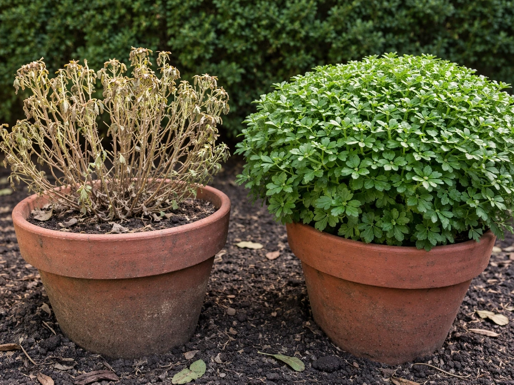 Outdoor mums side by side: one winter-killed with brown stems, one healthy with dense green foliage.