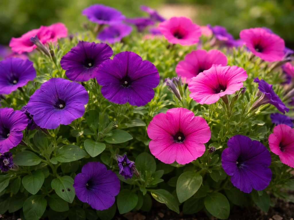 Sunlit purple and pink petunias in full bloom with green leaves in a simple outdoor garden shot