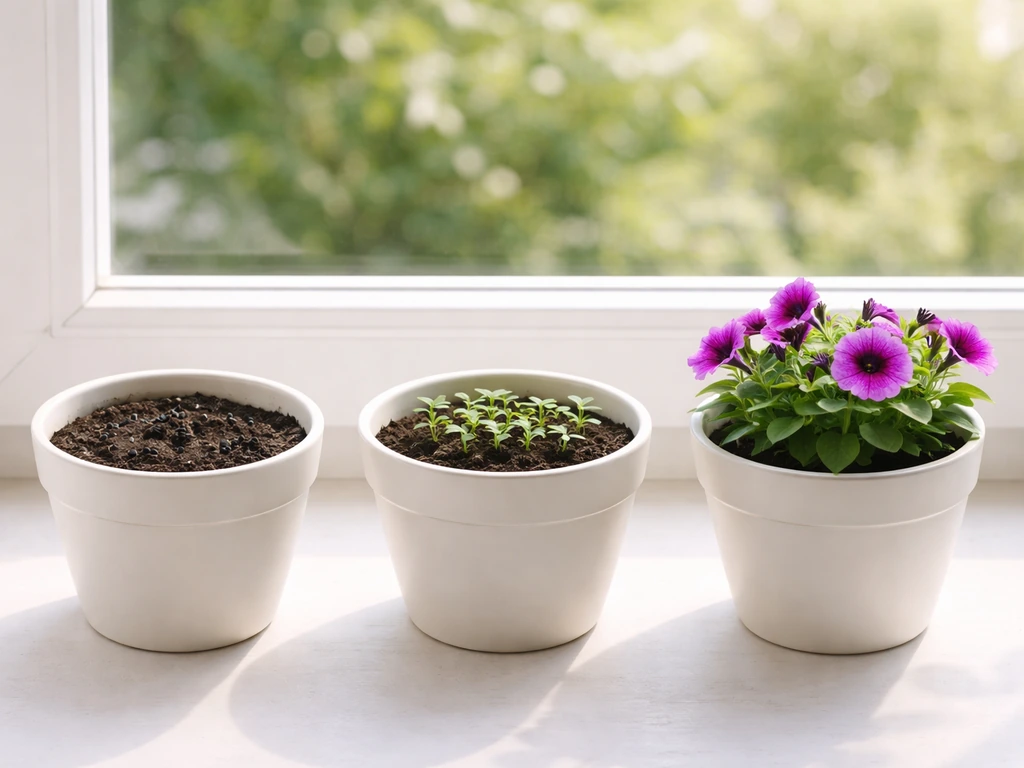 Three-step petunia growth sequence: seeds, sprouting seedlings, and flowering plants in simple pots.