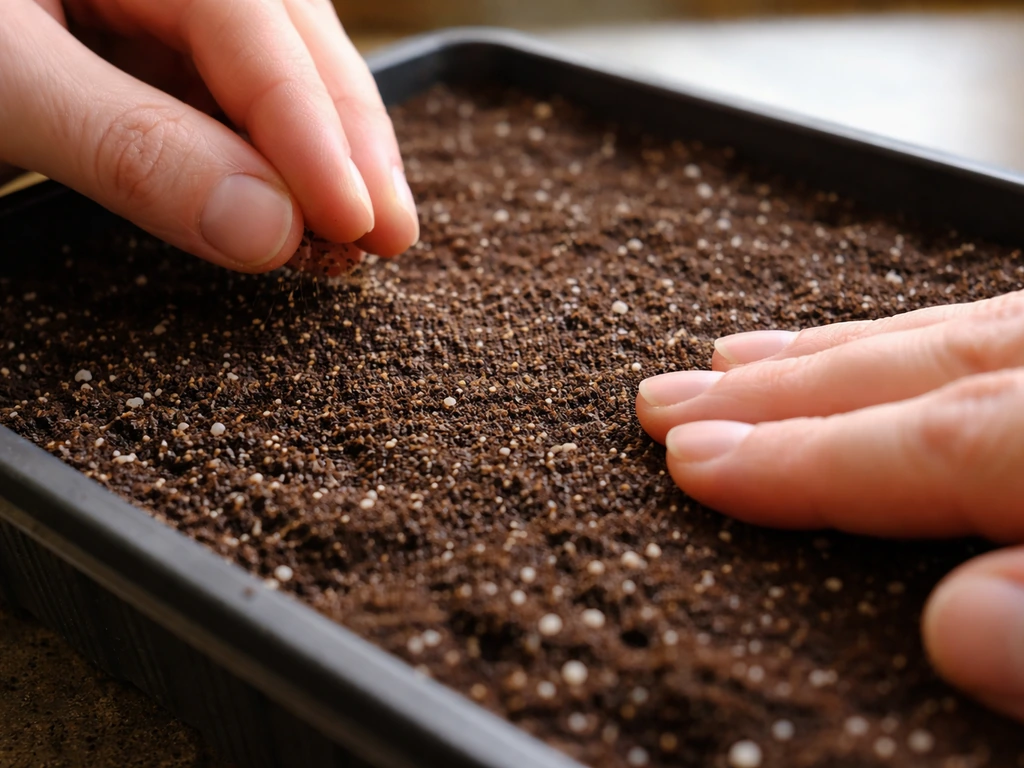 Tiny petunia seeds lightly pressed onto moist seed-starting mix, showing correct sowing technique