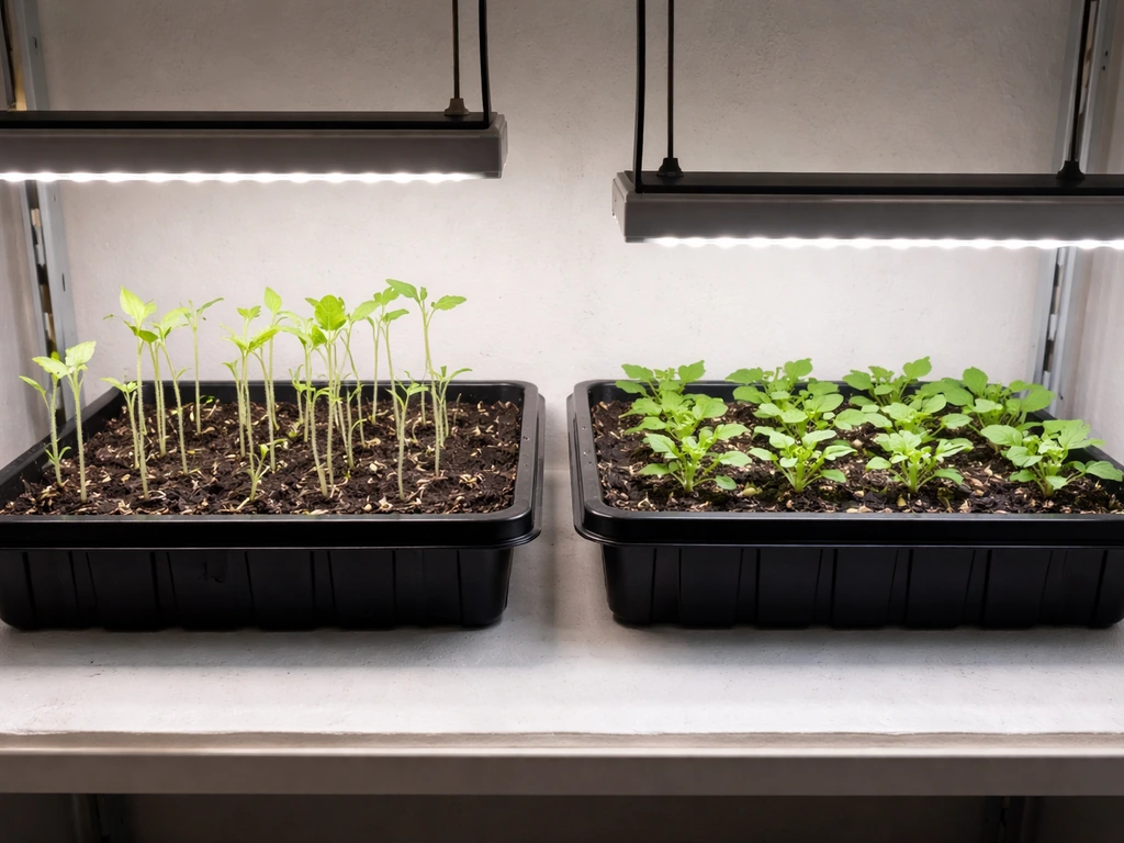 Petunia seedlings under a grow light showing leggy growth with the lamp too high