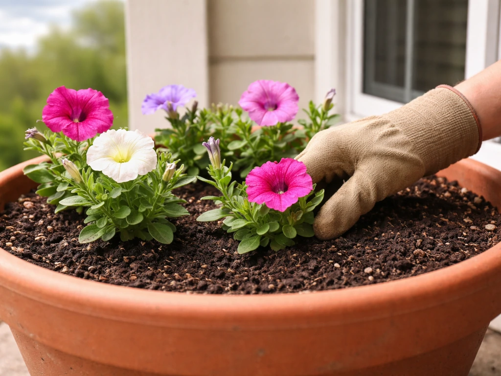 Petunias in a planter outdoors after frost, with a gardener’s gloved hand adjusting soil
