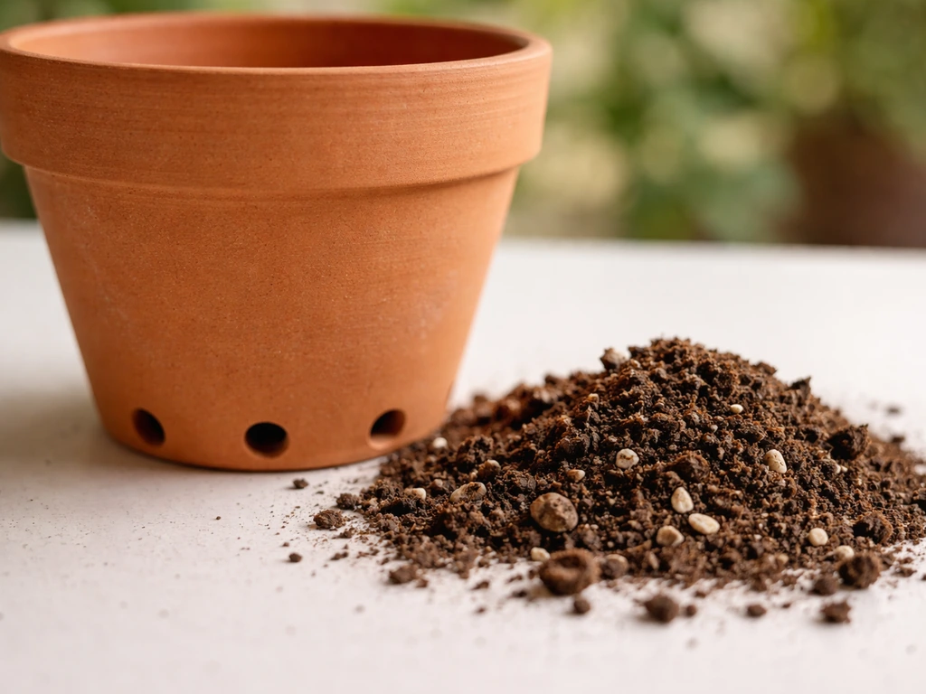 Close-up of a fast-draining pot with holes and a textured soil mix beside it