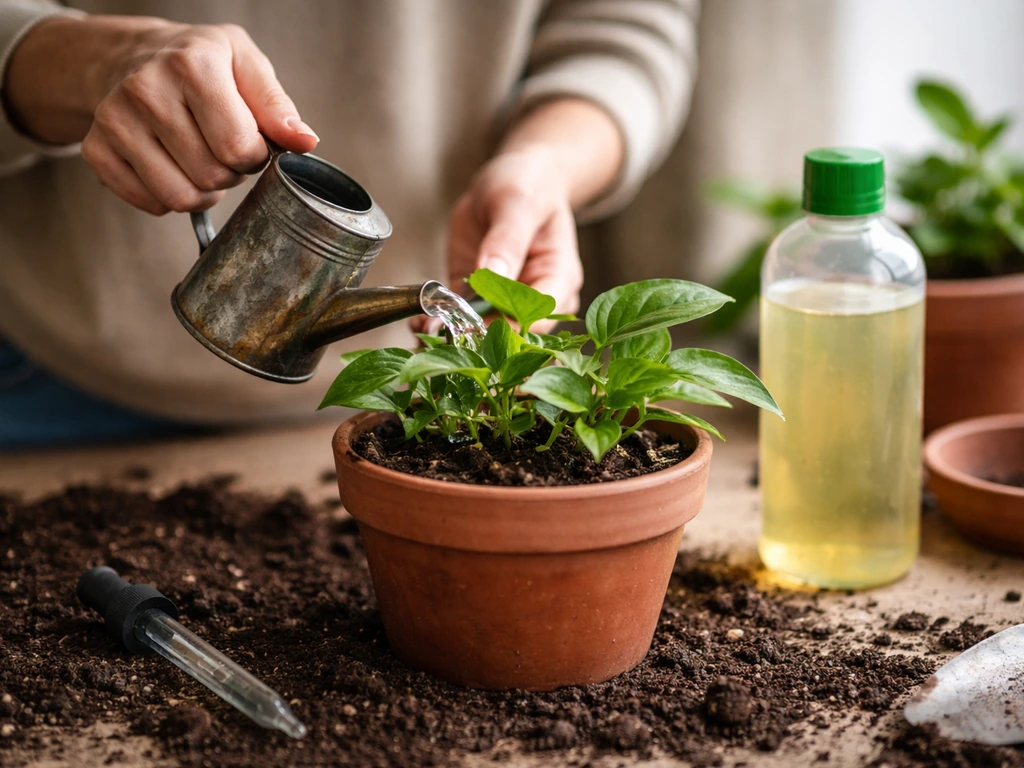 A watering can and measuring dropper beside a liquid fertilizer bottle on a potting surface.