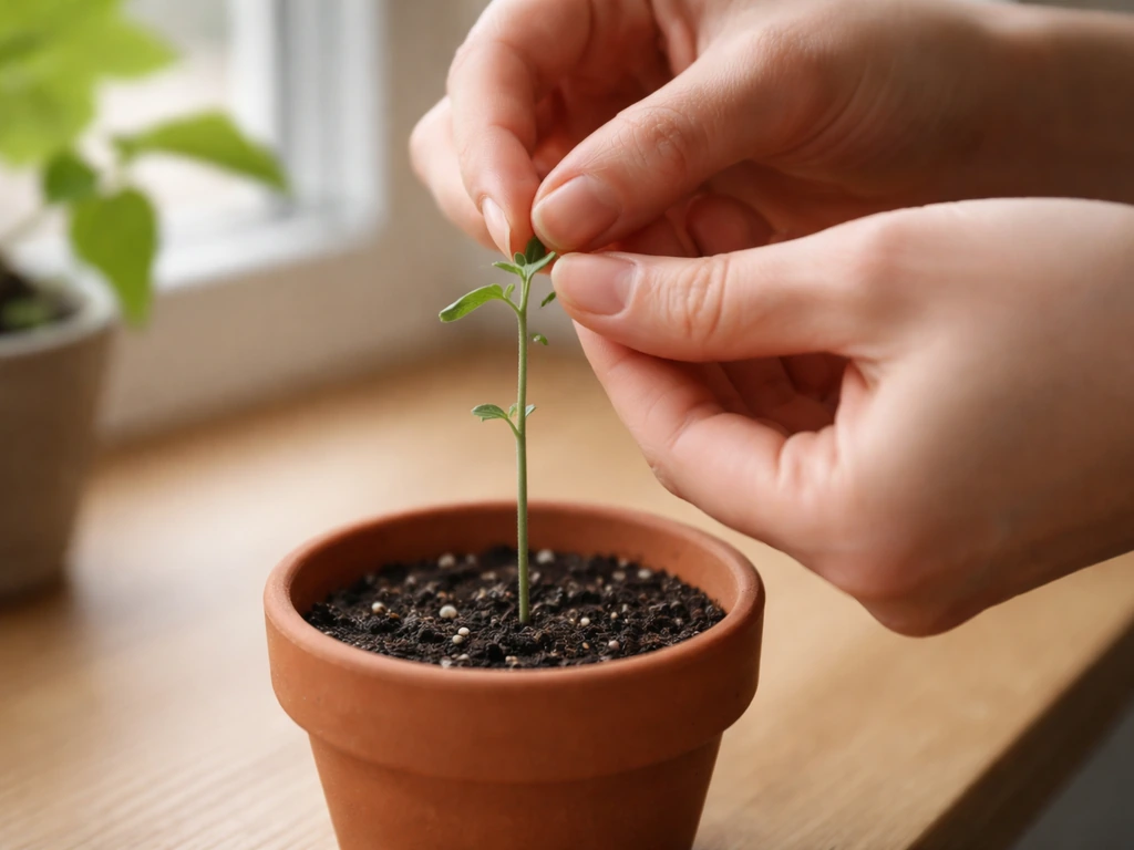 Hand pinching the tip of a leggy young plant on a desk, creating a fuller growth shape