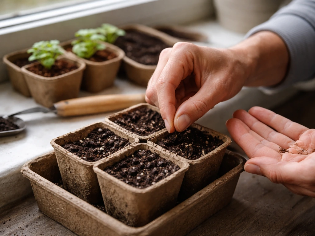 Anonymous hands sowing primula seeds in small pots on a bright windowsill with a few seedlings visible.