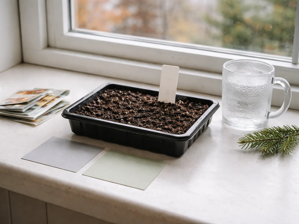 Minimal tabletop scene with a seed tray and winter garden cues suggesting mid-November sowing for March blooms.