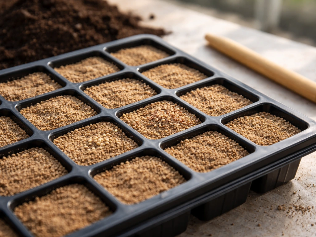 Seed tray close-up with fine germination mix and tiny seeds placed correctly in module cells