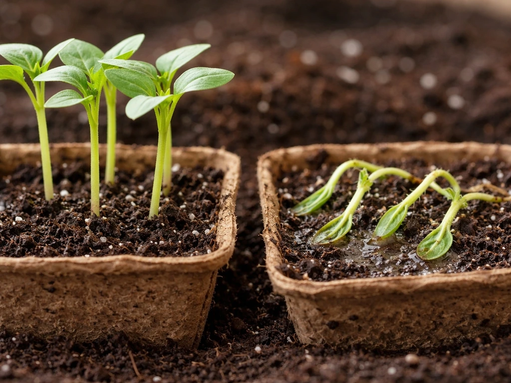 Close-up comparing upright healthy seedlings to collapsed damping-off seedlings at the soil line.