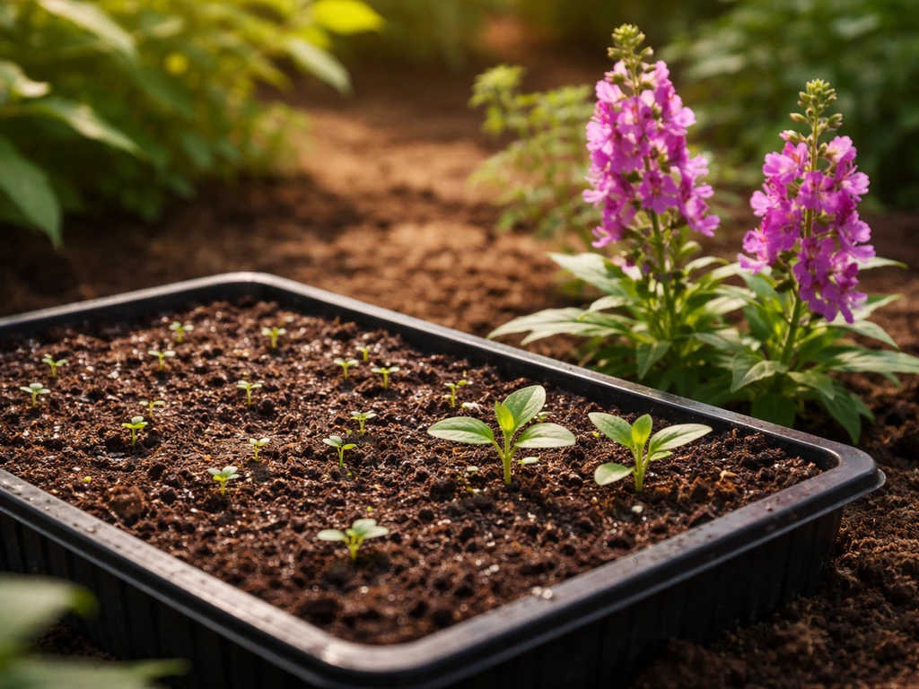 Warm outdoor scene with angelonia seedlings in a tray and a few blooming flowers in full sun.