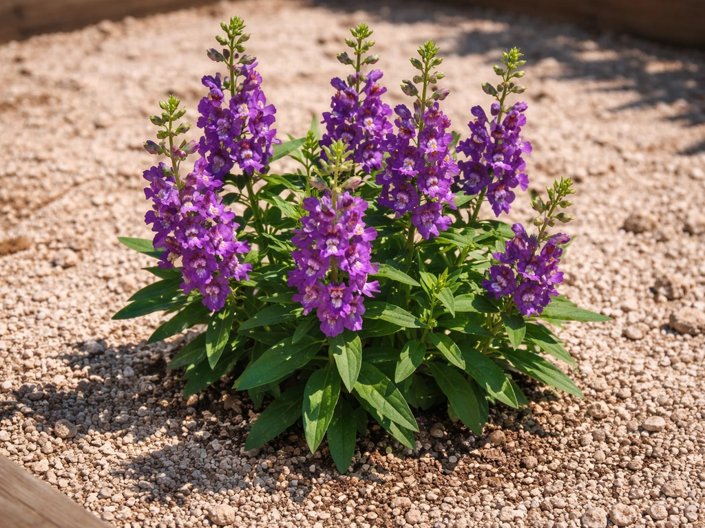 Angelonia angustifolia thriving in full sun in a raised bed with sandy, fast-draining soil and purple blooms.