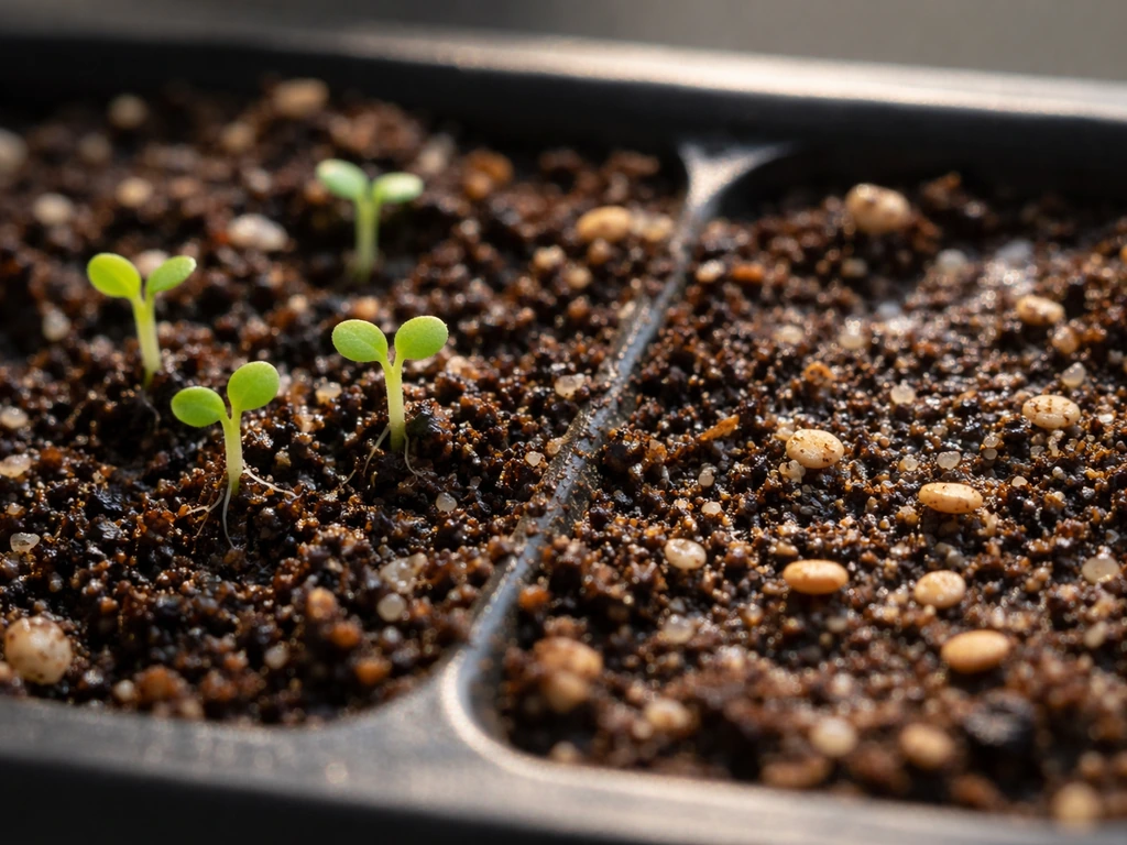 Close-up of angelonia seedlings emerging from moist soil with seeds lightly at the surface.