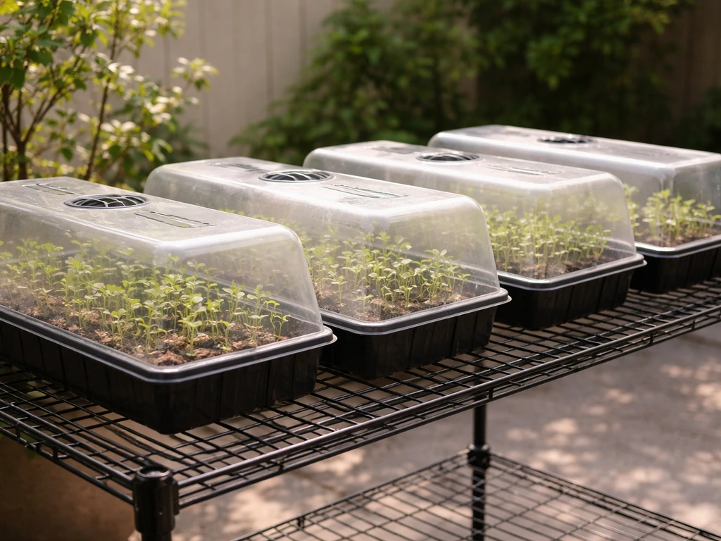 Outdoor rack with covered seedling trays in filtered sunlight, showing gradual hardening off.