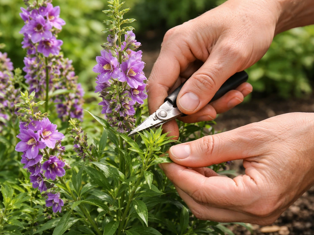 Close-up of hands pinching and cutting back angelonia flower spikes to encourage new blooms.