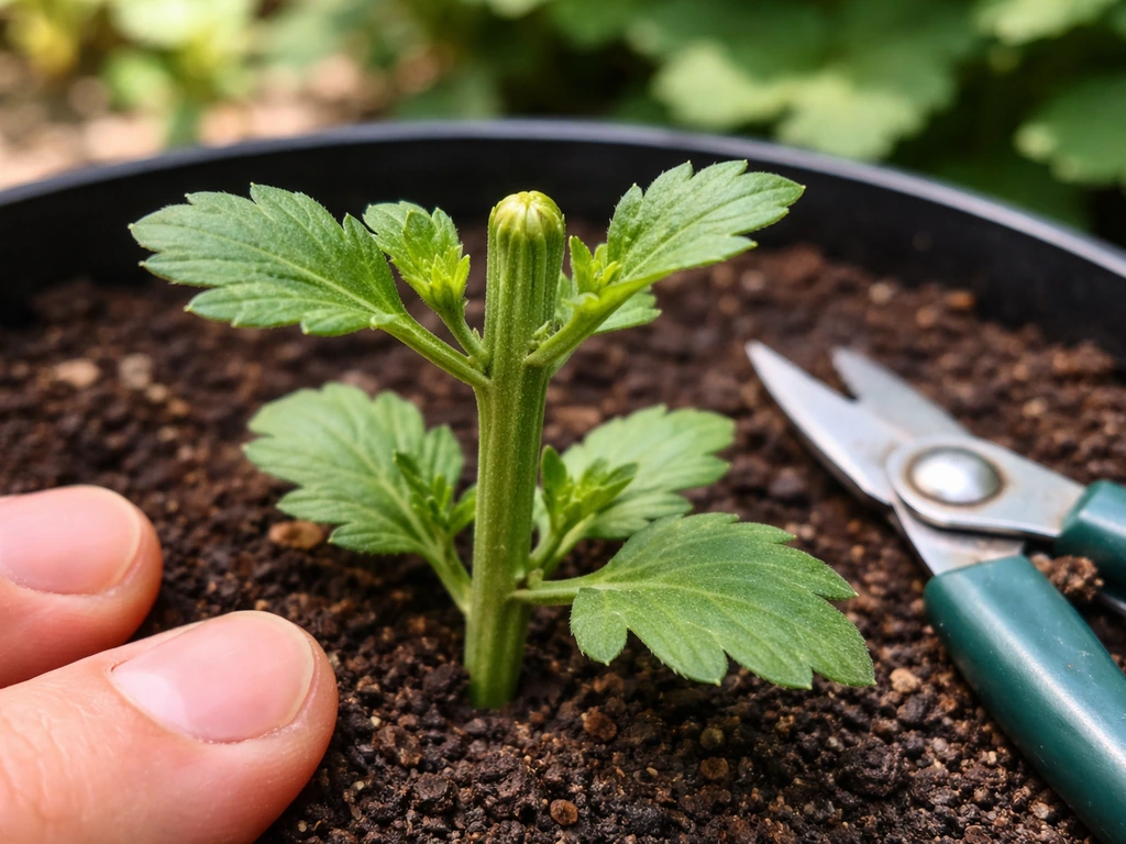 Close-up of a potted mum stem where the growing tip is pinched off, showing new branching with fingertips scale.