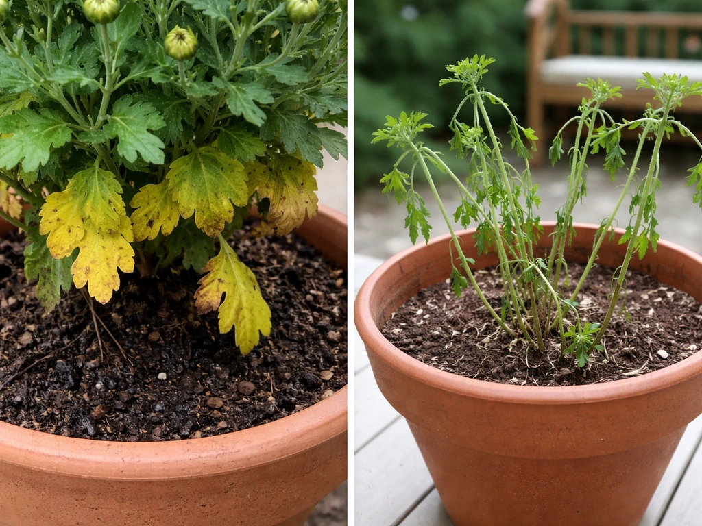 Split view of mums: left yellowing leaves in a pot, right leggy floppy stems leaning in another pot.