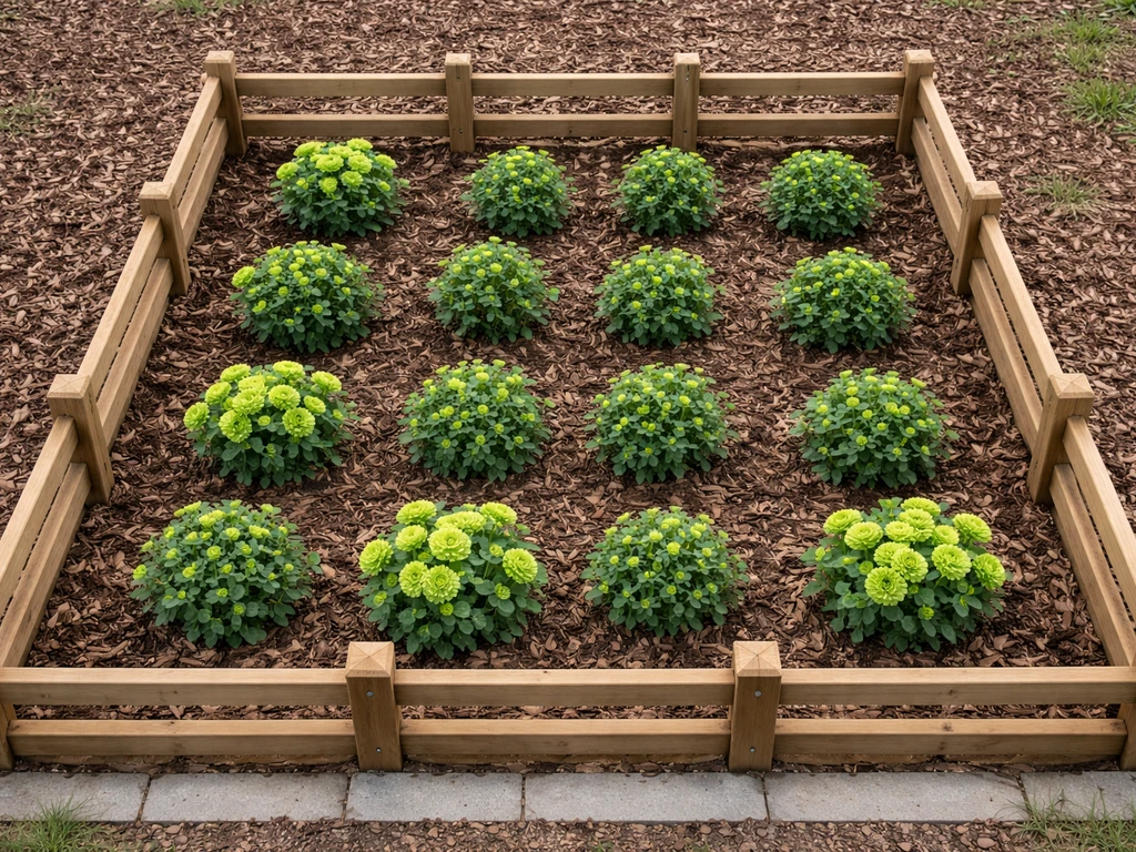 Top-down view of a fenced flower breeding grid filled with vivid green mums in ACNH-style setting.