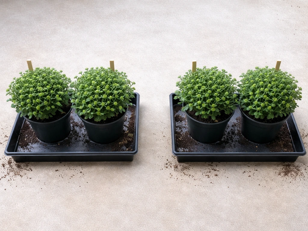 Top-down view of two separated plant-breeding setups with green mum parent pots and clear spacing