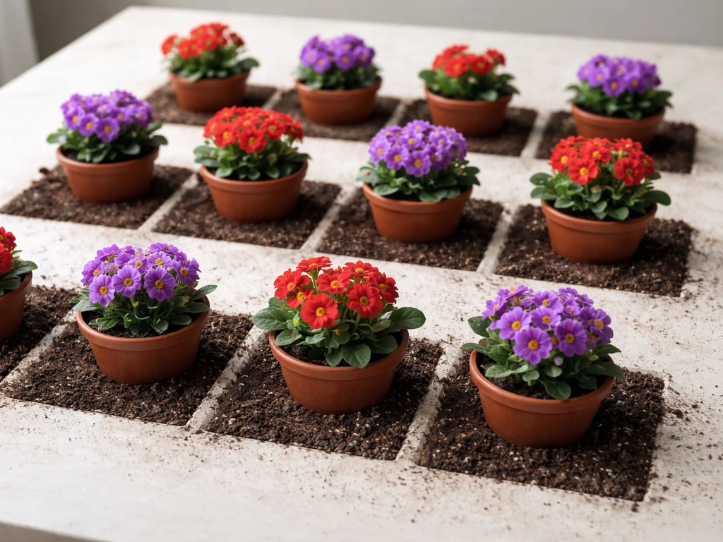 Top-down view of alternating potted flowers on a checkerboard layout with empty spaces between eligible pairs.