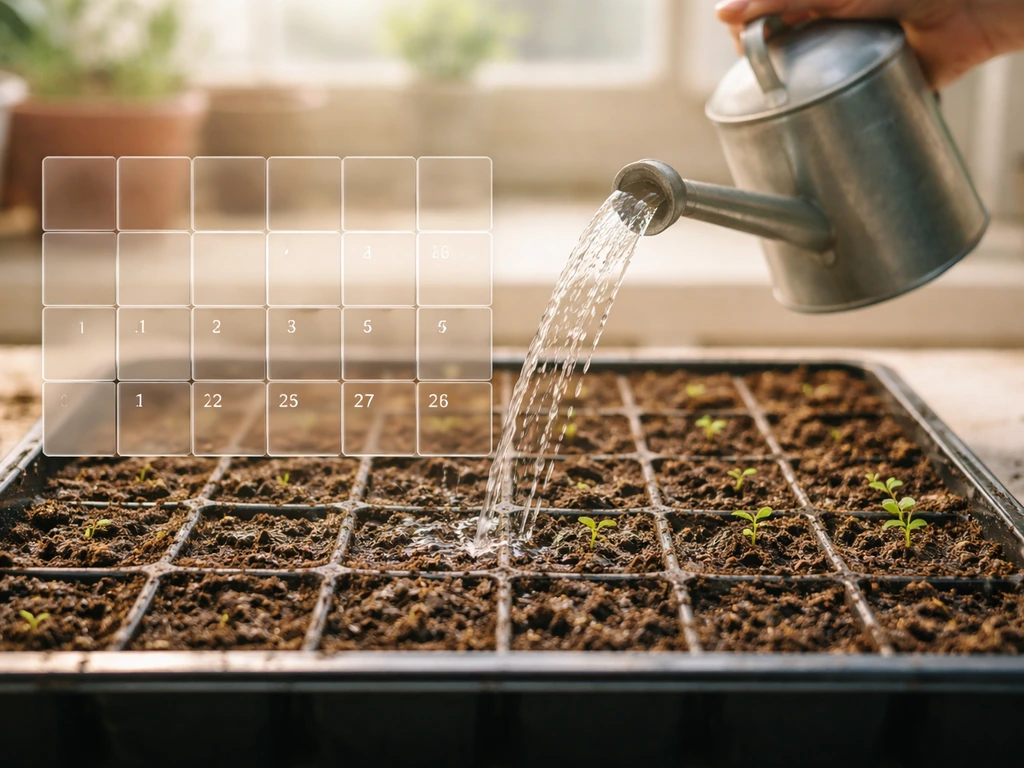 A watering can tilted over a small garden grid, with a simple day-counter style calendar overlay