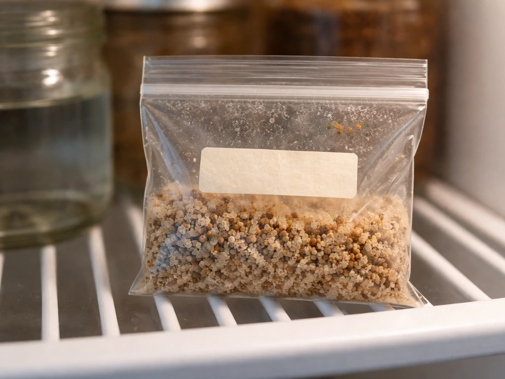 Sealed plastic bag with damp vermiculite and seeds cold-stratifying in a refrigerator shelf.