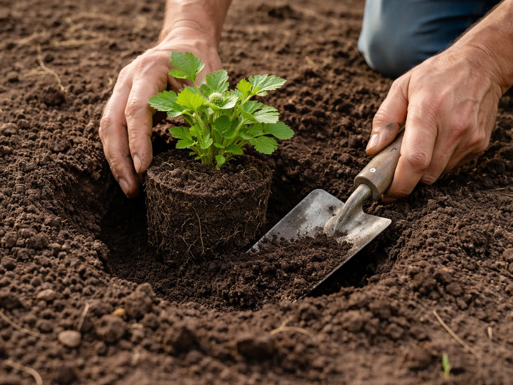 Hands place a small geum root ball in a dug hole and backfill soil in a garden bed.