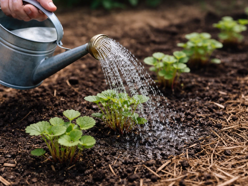 Garden watering can gently watering small geum seedlings at soil level beside mulch